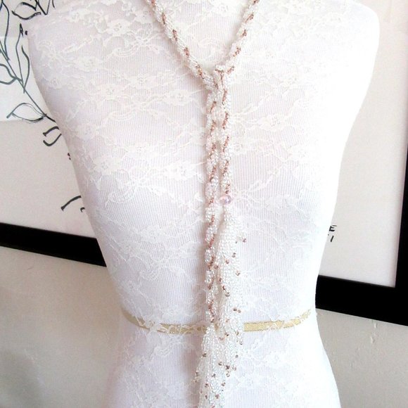 Iridescent white & copper bead lariat necklace & pierced dangling hoop earrings - Picture 3 of 16